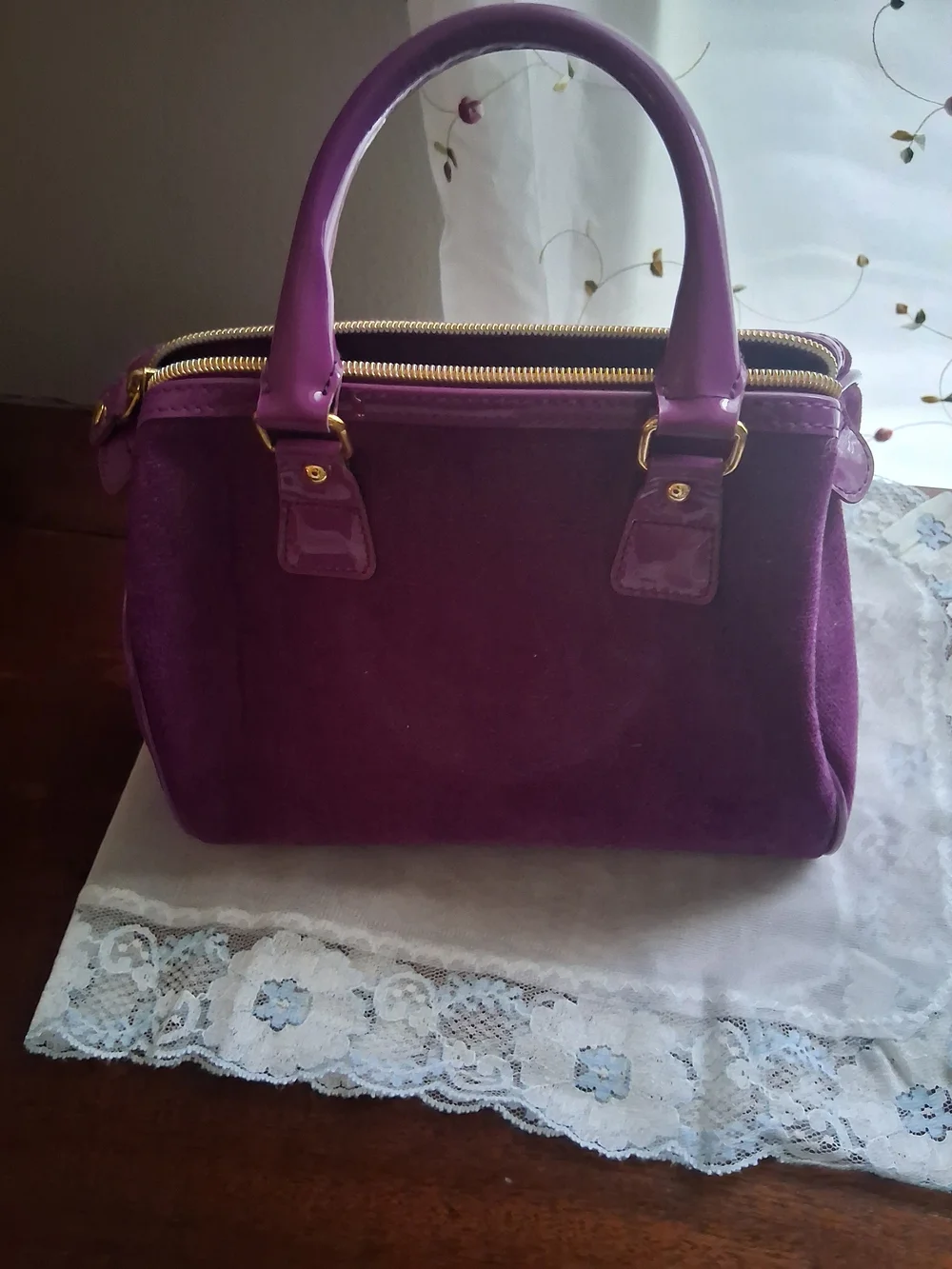 Victoria's Secret Purple Velvet Satchel with Glossy Handles